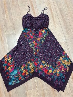 VTG Floral Spaghetti Strap Summer pool patio Dress - purple with Pink yellow S